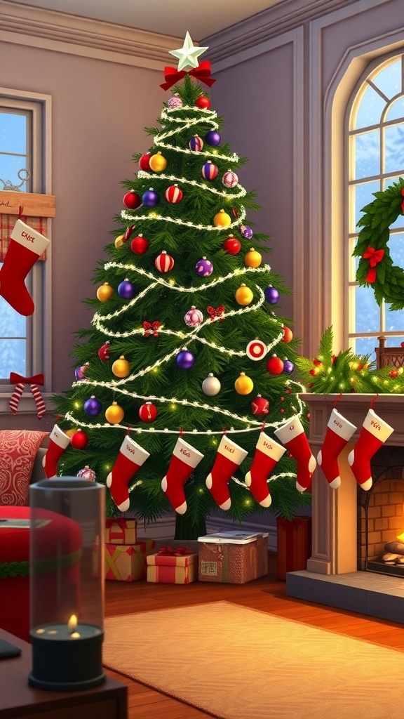 A Sims 4 living room with a Christmas tree, fireplace, and snowy window view, perfect for holiday gameplay.
